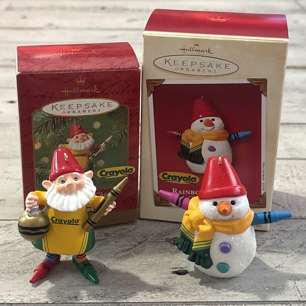 Hallmark Crayola Crayon 2001 Color Crew Chief & 2002 Rainbow Snowman‎ Ornaments
